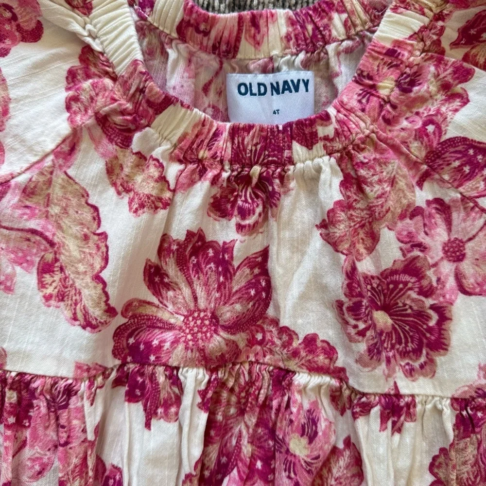 Old Navy Girls Matching Puff-Sleeve Floral-Print Dress Bold Pink Spring Size 4T